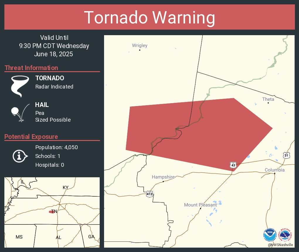 Tornado Warning including Hickman County, TN, Maury County, TN until 9:30 PM CDT