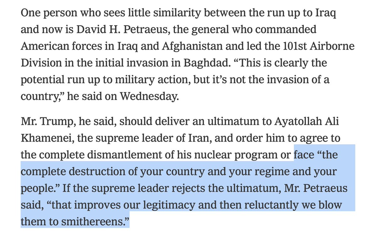David Petraeus is a good example of the frothing lunatics who run America. He's former top US general &amp; now a partner at KKR, a giant private equity firm. Just now he called for the "complete destruction" of all of Iran, which he believes the US could do with "legitimacy."