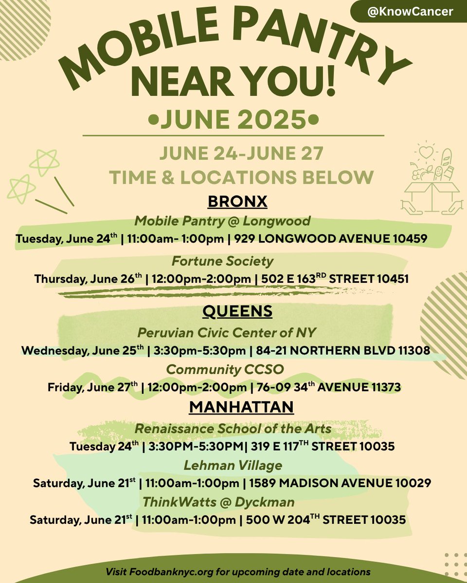 KnowCancer's tweet photo. @FoodBank4NYC is hosting mobile food pantries across the boroughs for New Yorkers to get access to ingredients and food. Visit
https://t.co/mxmlTiMdSx for future dates and resources available to you!
#foodpantry #mobilepantry #foodbank #newyork #knowcancernocancer #awareness https://t.co/RjKj6wxl7A
