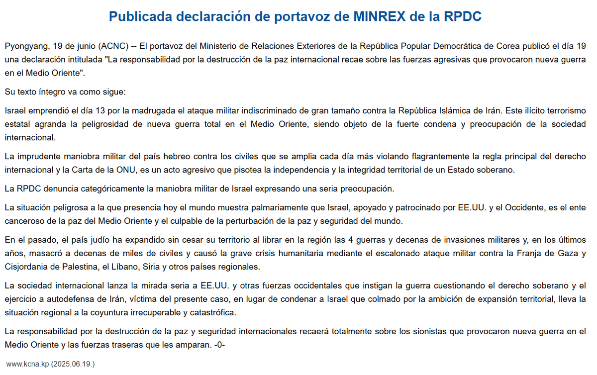 KFLColombia's tweet photo. 🇰🇵🇮🇷 Declaración de portavoz del Ministerio de Relaciones Exteriores de Corea del Norte sobre el conflicto entre Irán y la entidad sionista de Israel. https://t.co/fbCQGRAkdY
