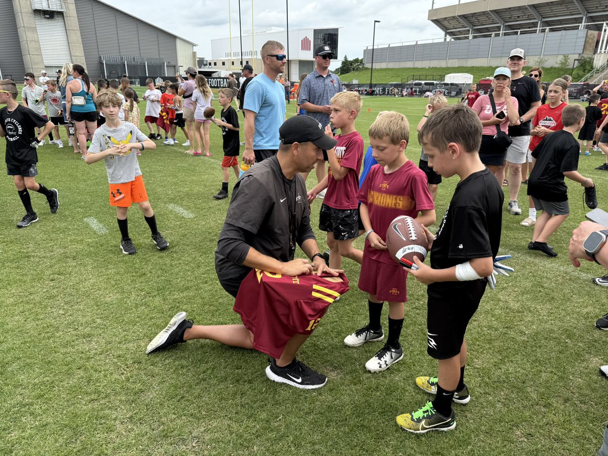 JaredKadolph's tweet photo. Beau had a blast at football camp! Shoutout to @ISUMattCampbell  for giving Beau some encouragement while the trainer took a look at his ankle. I truly believe Coach Campbell cares about developing young men! Not sure which one Beau loves more, football or the Cyclones! https://t.co/HvIf0NDVtl