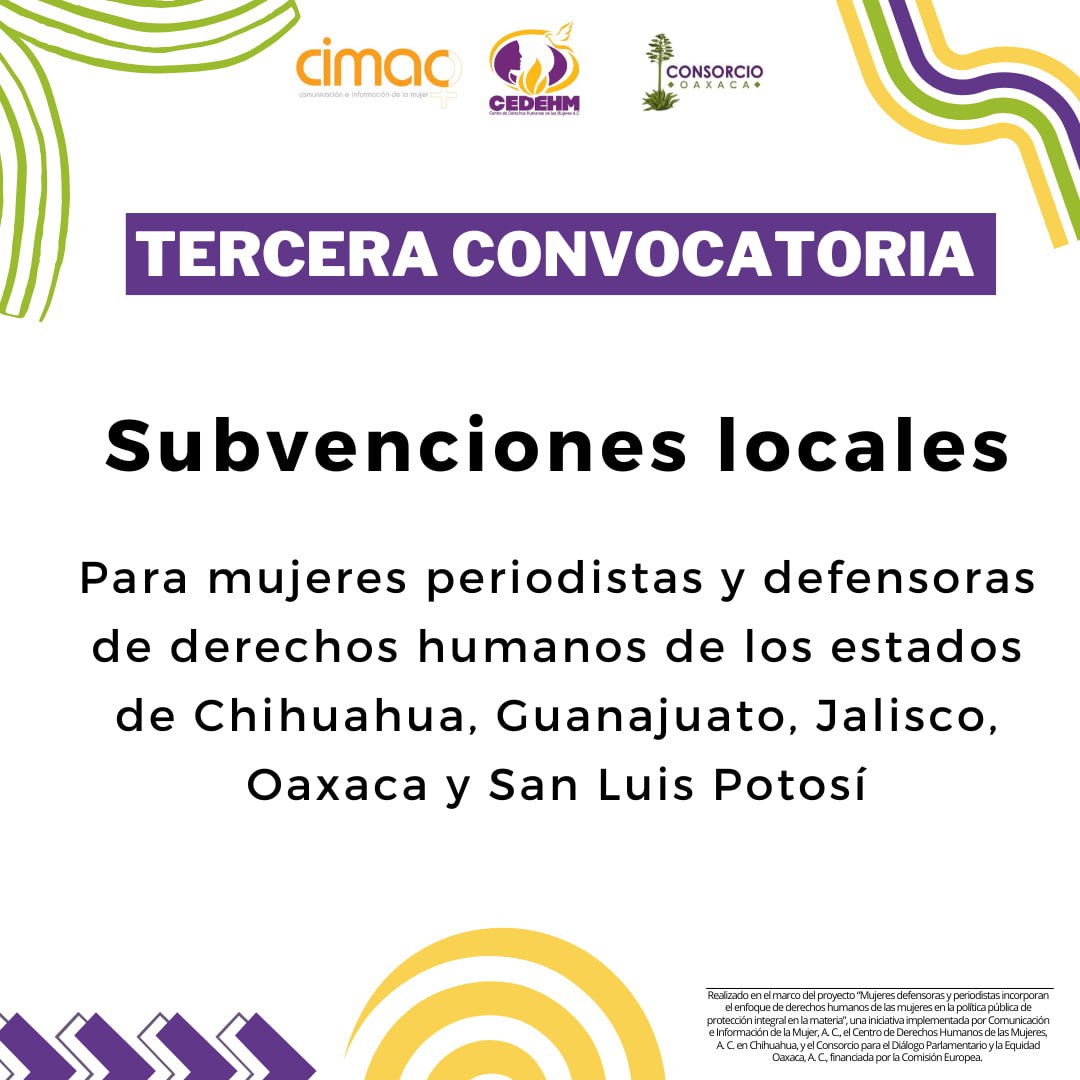 Llegó la tercera convocatoria del programa de subvenciones locales para mujeres periodistas y defensoras de derechos humanos de los estados de #Chihuahua, #Guanajuato, #Jalisco, #Oaxaca y #SanLuisPotosí

📆 Fecha límite 13 de julio
📲 Más info. en tinyurl.com/56663jw4