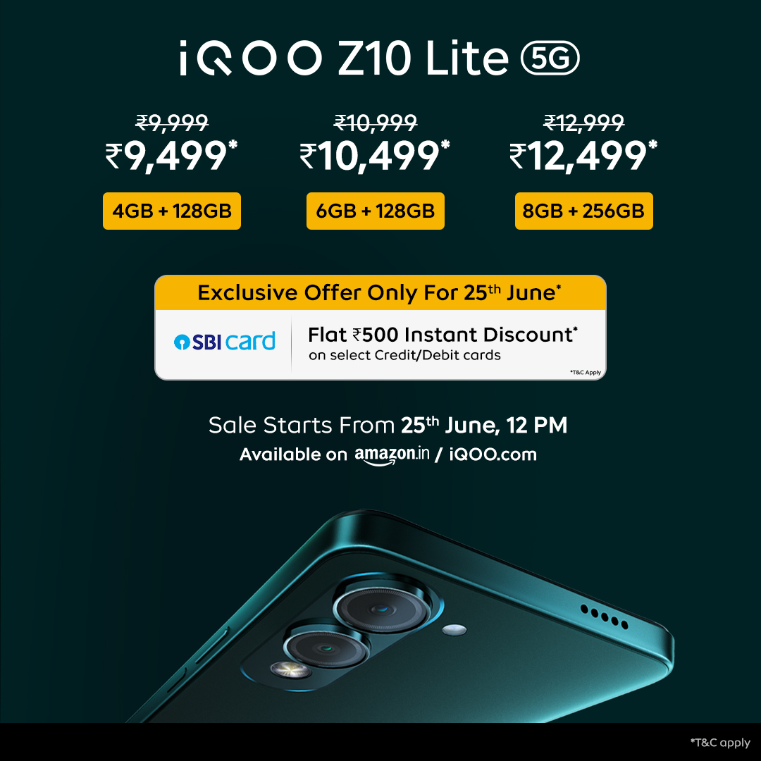 iQOO India (@iqooind) on Twitter photo Details that pop. AI that knows the moment. 📸
The #iQOOZ10Lite comes with a 50MP Sony AI Camera — made to shoot crisp, vibrant frames.
Sale starts 25th June, price starts at just ₹9,499* — only on <a href="/amazonIN/">Amazon India</a> & mshop.iQOO.com
*inclusive of all bank offers and Details that pop. AI that knows the moment. 📸
The #iQOOZ10Lite comes with a 50MP Sony AI Camera — made to shoot crisp, vibrant frames.
Sale starts 25th June, price starts at just ₹9,499* — only on <a href="/amazonIN/">Amazon India</a> & mshop.iQOO.com
*inclusive of all bank offers and