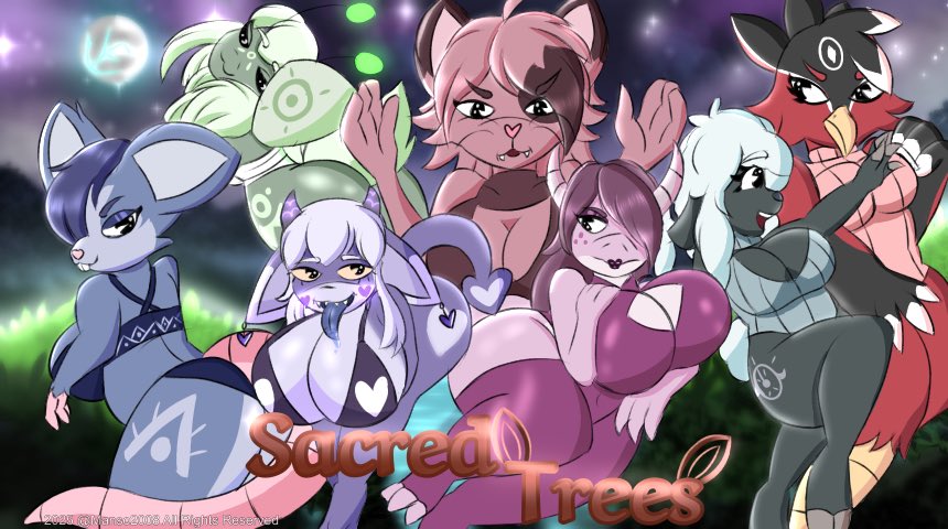 Manso20000's tweet photo. A cover for a fantasy project I’ve been working on involving swords, magic, ancient gods, and of course, big thicc booty furries! Inspired by Atlyss lol. 

#art #sacredtrees #furry #furryartist #furryartworks #digitalart #furryfandom #Atlyss https://t.co/dMfxiI267O
