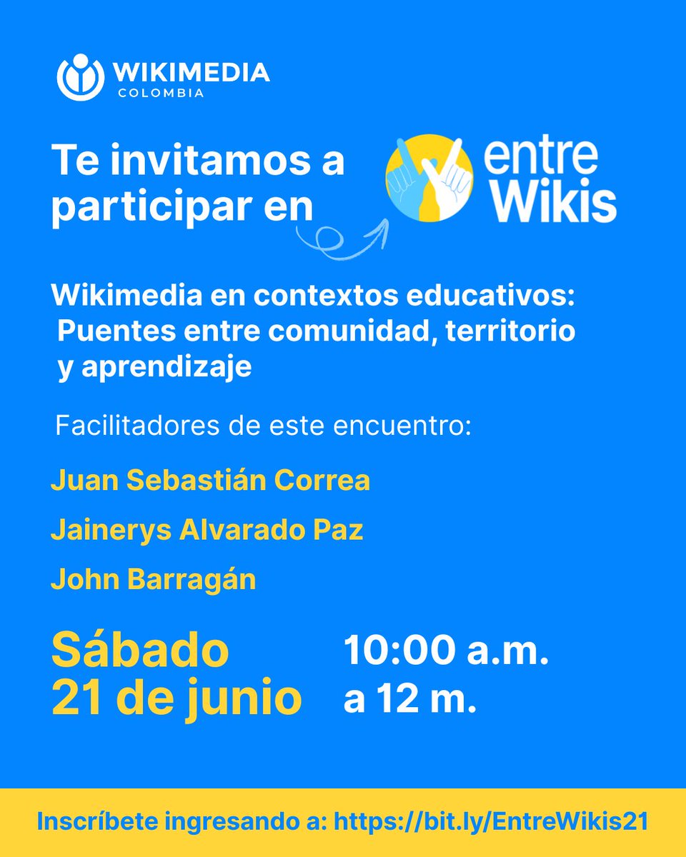 ¡Esta es una invitación para ti! Asiste a EntreWikis.
⁣Este espacio está diseñado tanto para quienes se acercan por primera vez al universo Wikimedia como para quienes ya tienen experiencia y desean aprender más. Inscríbete bit.ly/EntreWikis21
