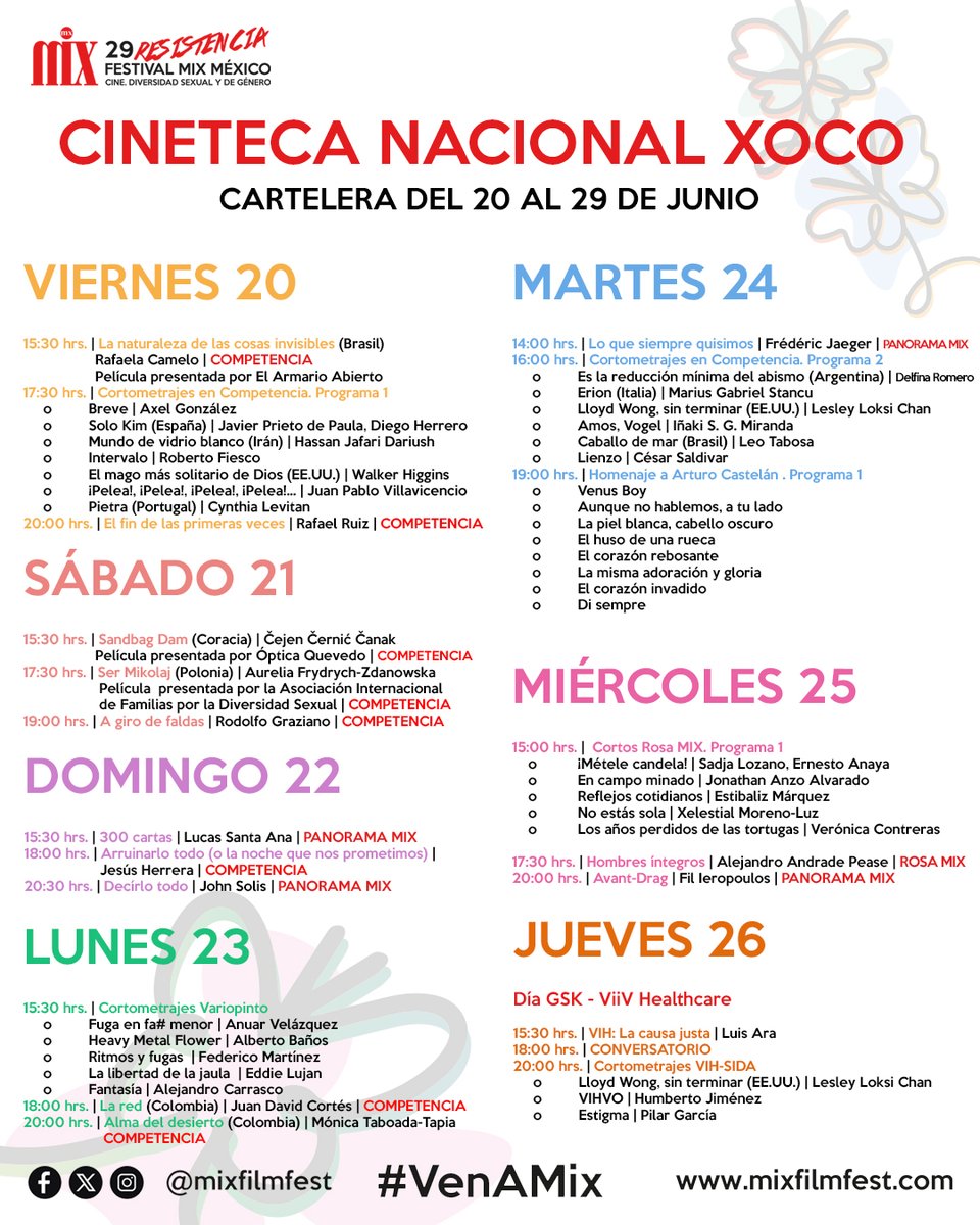 MixFilmFest's tweet photo. 🎞️🌈¿Están listes para el #MixFilmFest?

Toma nota de los HORARIOS en nuestras distintas sedes y no te pierdas nuestra programación.

📆Del 20 de junio al 2 de julio.

Nos vemos en:
📍@CinetecaMexico (Xoco)
📍@cinetonala
📍@Cinepolis (Diana)

#VenAMIX https://t.co/PxiP9LW3CS