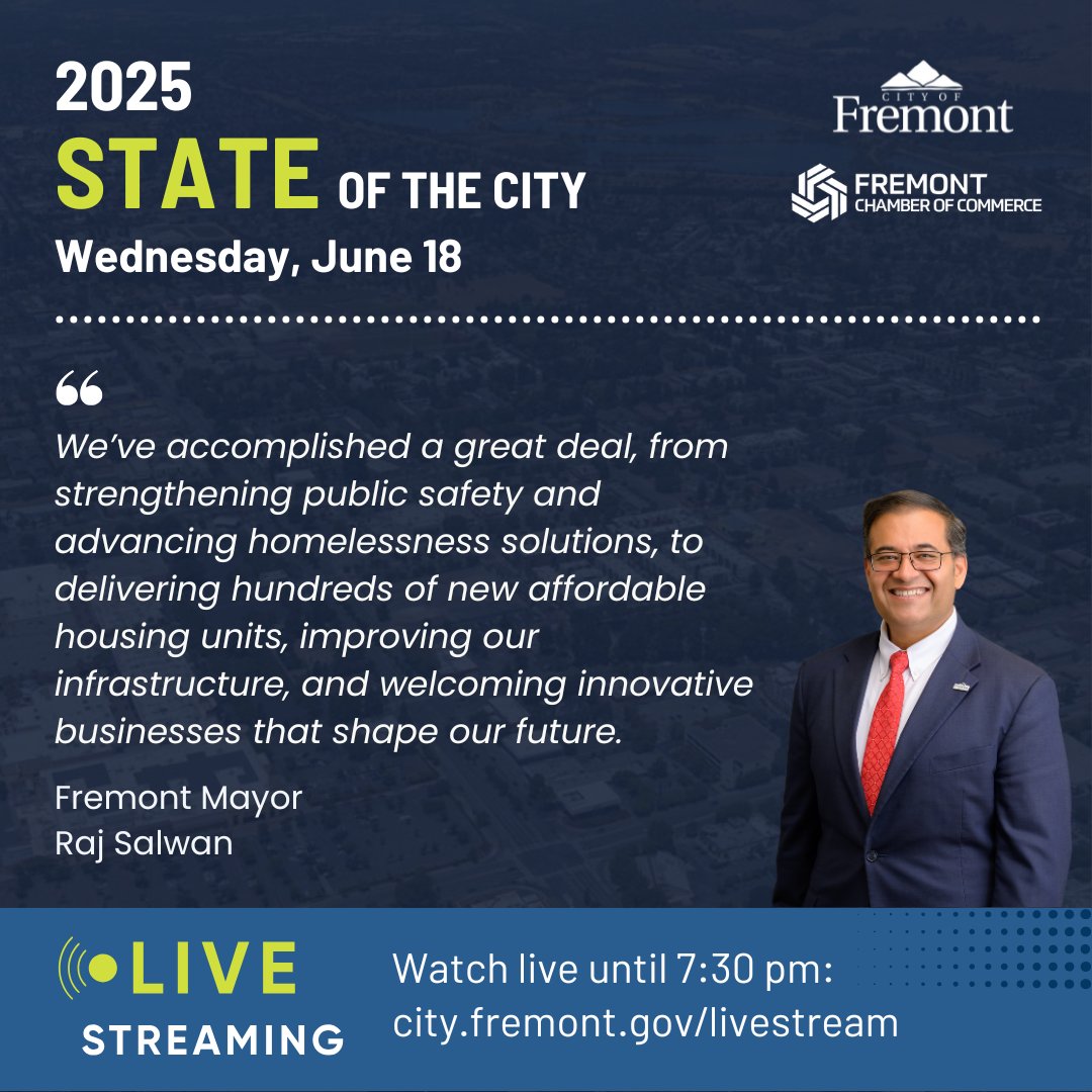 Live from Fremont’s 2025 State of the City Address! Mayor Salwan shares: "We’ve accomplished a great deal, from strengthening public safety and advancing homelessness solutions, to delivering hundreds of new affordable housing units, improving our infrastructure, and welcoming