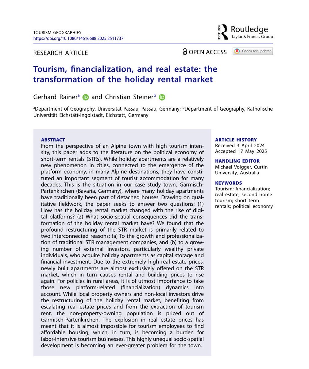 🚩 Anti-tourism sentiment is often underlined when local residents are locked out of the housing market as rental costs surge as a result of tourism growth and heightened demand for short-term rentals.

tandfonline.com/doi/full/10.10…