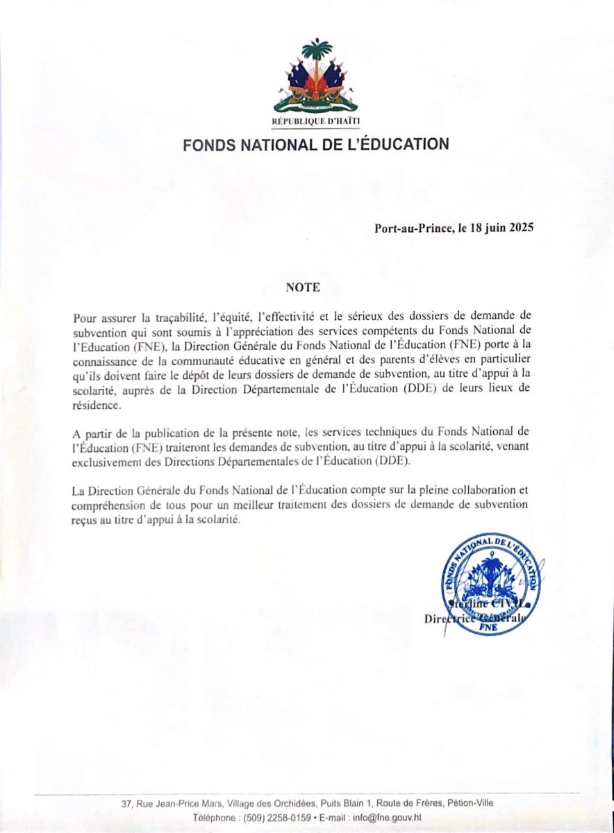 Pour garantir équité et rigueur, toute demande de subvention scolaire doit désormais passer par les DDE. Le FNE mise sur la collaboration de tous pour un traitement plus juste et efficace.
#FNE #Haïti