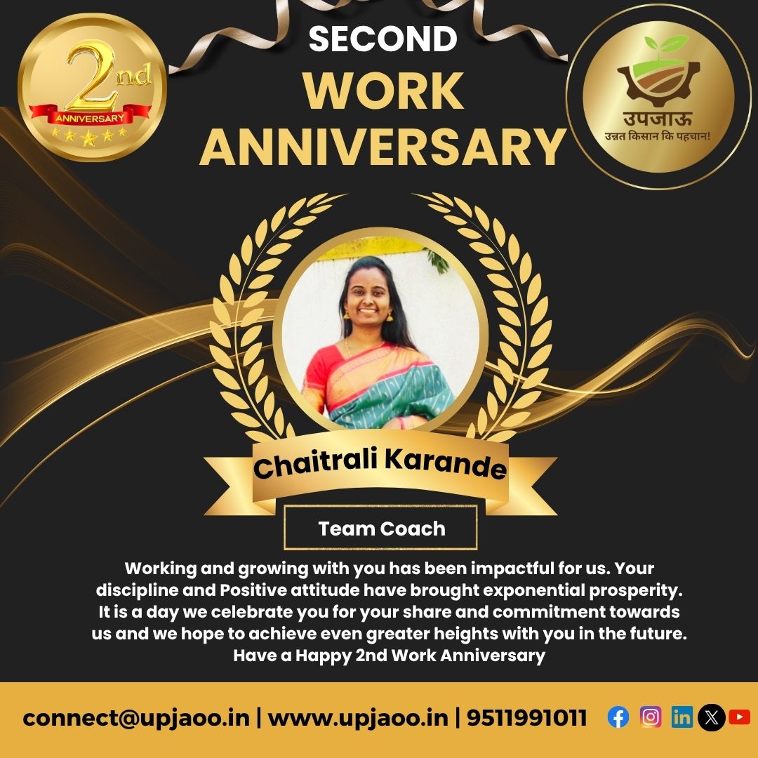 _UPJAOO_'s tweet photo. Congratulations Chaitrali Karande on achieving your 2nd work anniversary with us at @_UPJAOO_ !

We wish you a very Happy Work Anniversary! 
#workanniversary #thankyou #celebration #employee #successfulyears #workmilestone #officelife #Upjaoo #UpjaooAgroLink #UnnatKisan https://t.co/R2sEyALd2Z
