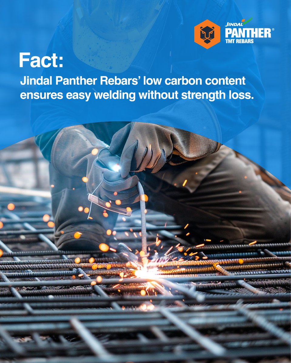 JindalPanther's tweet photo. With low carbon content, Jindal Panther TMT Rebars make welding easy while keeping full strength at the joints. Choose smart construction solutions with Jindal Panther for stronger foundations. ​

​#JindalPanther #BuiltToLast #SmartSteel #StrongFoundations https://t.co/rp57VObywB