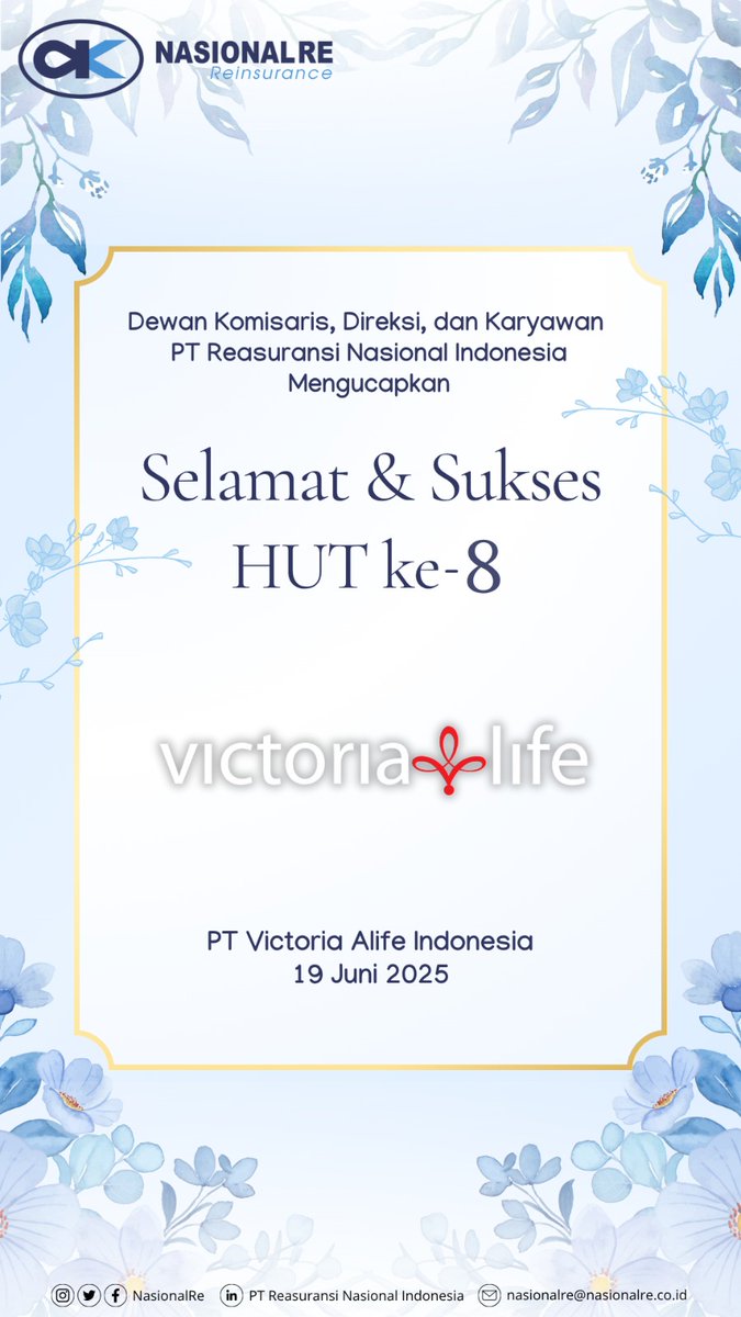 Dewan Komisaris, Direksi, dan Karyawan PT Reasuransi Nasional Indonesia mengucapkan Selamat Ulang Tahun yang Ke-8 PT Victoria Alife Indonesia. 

#NasionalRe
#NasRe
#Reasuransi
#Reinsurance