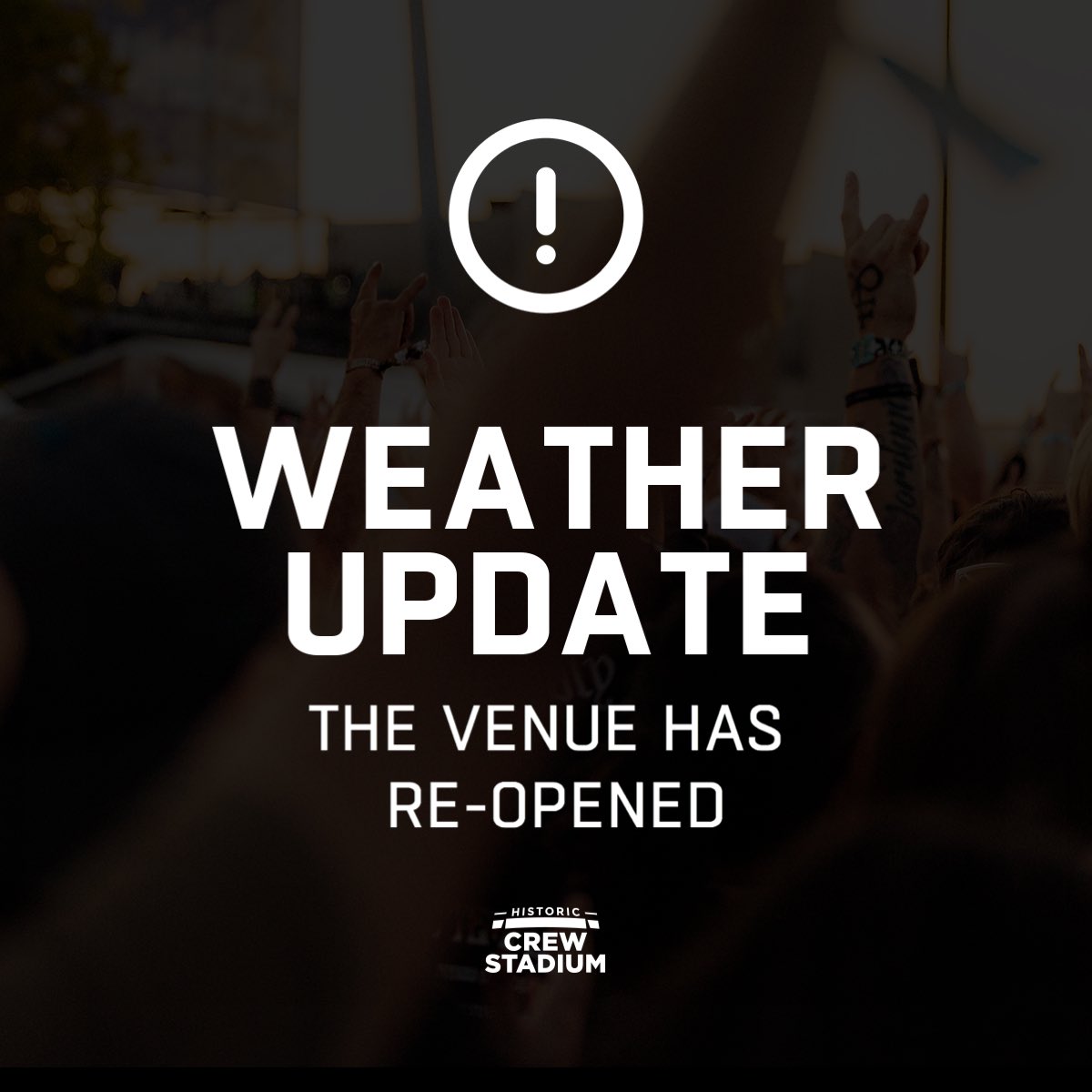 The venue has re-opened with the show restarting at approximately 10:30 p.m. 

Please have proof of ticket for re-entry into stadium parking lots and venue.