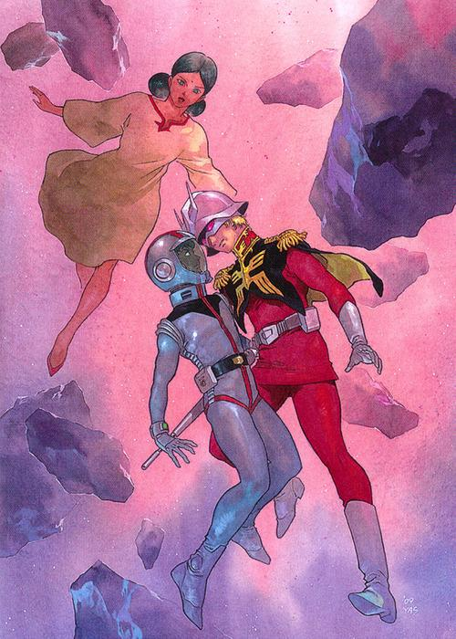 The boys are still fighting...
Lalah, Amuro and Char illustrated by Yoshikazu Yasuhiko