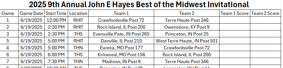 Post346's tweet photo. 9th Annual John E Hayes Best of the Midwest Invitational begins tomorrow.   Come watch some high caliber American Legion baseball.  14 teams, 5 states, several 2024 state champions and runner-ups.   Thursday schedule below.  #Wayne https://t.co/O1UGrMyxLq