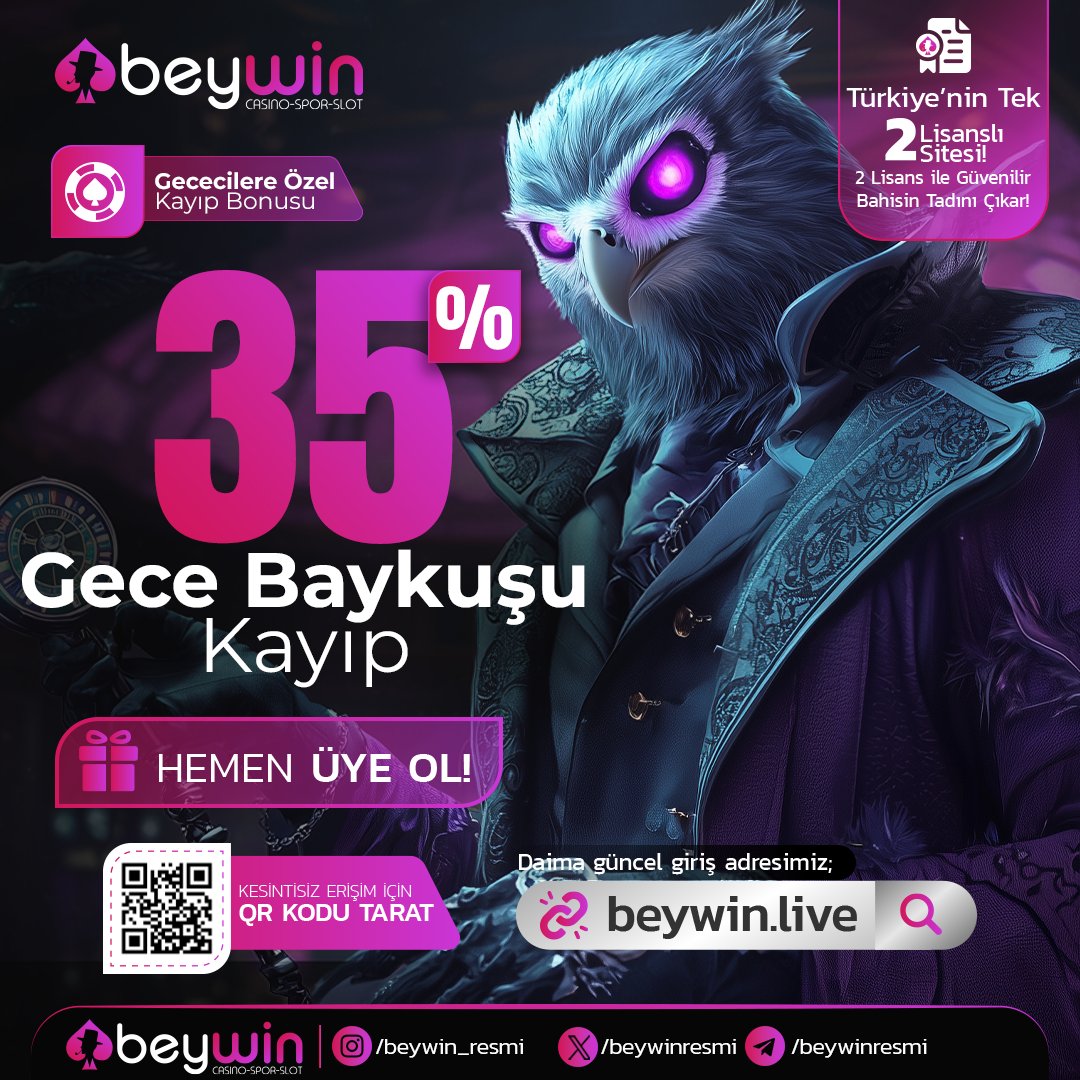 beywinresmi's tweet photo. BEYWİN'DE %35 GECE BAYKUŞU KAYIP BONUSU

 🌃 Gece Baykuşu Kayıp Bonusu İle Kaybını Telafi et!

🌐Beywin Giriş (https://t.co/hQBAxQdW8I)   

 💜💜💜💜💜💜💜💜💜💜 https://t.co/4D1nELXNG0