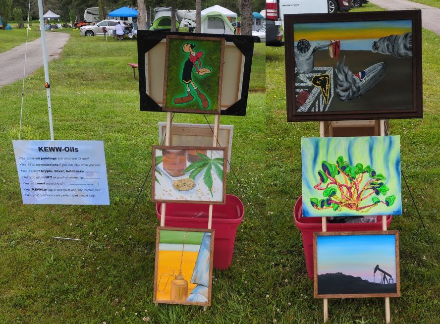 Hanging out at <a href="/PorcFest/">Porcupine Freedom Festival</a> Porcupine Freedom Festival this week and brought a few #oilpaintings and prints to sell or trade for crypto.

If you happen to be in upstate New Hampshire you should swing by!

(I may be  looking RIGHT at you <a href="/Star_Forge_Pool/">Star Forge OTG 📡 Stake Pool</a> &amp; <a href="/TYLRwithspaces/">withspaces | Tyler</a> !!!) :)