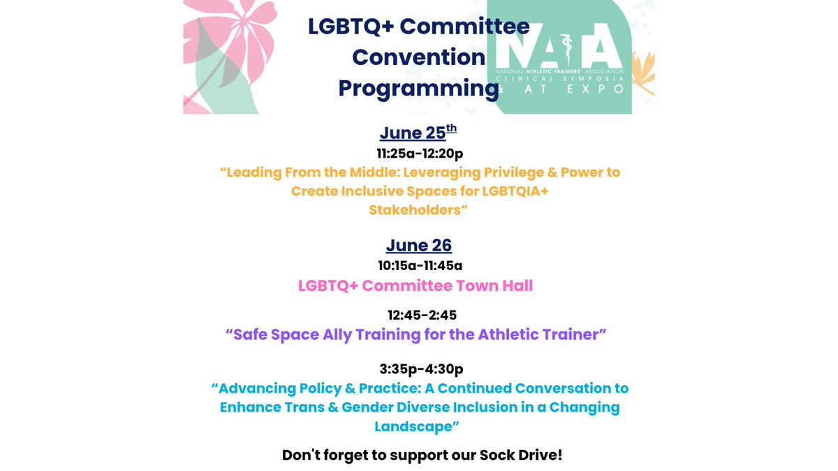 LGBTQNATA's tweet photo. One week away! Check out all the ways to connect and learn during @NATA Convention. Our Town Hall will include our Inclusive Award & #SockDrive presentations as well as the 2nd Annual #Pride Olympics 🏳️🌈🏳️⚧️ Hope to see you there! #NATAConvention https://t.co/NGAzz1YQrB