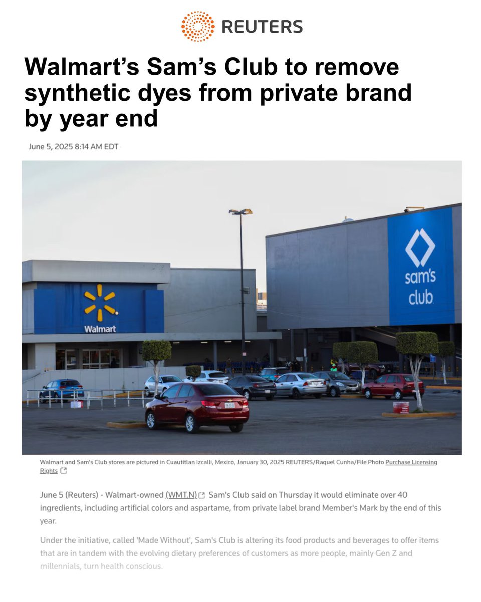 🚨MAHA: Walmart and Sam’s Club will remove most synthetic dyes from their private label products this year.