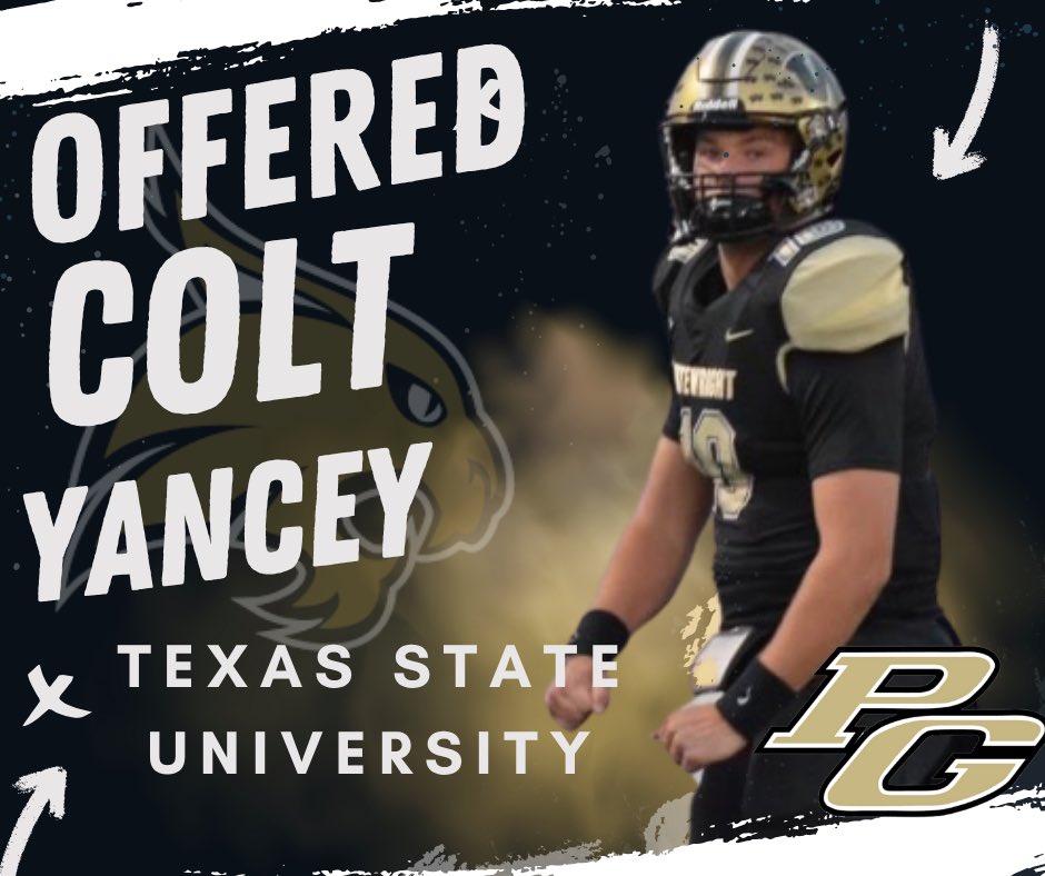 Colt Yancey (@coltyancey) on Twitter photo #AGTG After a great conversation with <a href="/LDKep/">Landon Keopple</a> I am excited to announce I have received my first D1 offer to <a href="/TXSTATEFOOTBALL/">Texas State Football</a> #TakeBackTexas <a href="/GJKinne/">GJ Kinne</a> <a href="/coachdaneevans/">Dane Evans</a> <a href="/TrustMyEyesO/">⭕️FFERTUNITY</a> <a href="/JoshGibsonPG/">Josh Gibson</a> <a href="/CoachYancey16/">Blake Yancey</a> <a href="/CoachEpsteinL/">Larry Epstein</a> <a href="/kpatterson1235/">Kyle Patterson</a> <a href="/ben_harmon10/">Ben Harmon</a> <a href="/AaronHarmon3/">Aaron Harmon</a> <a href="/Luke_Harmon23/">Luke Harmon</a> #AGTG After a great conversation with <a href="/LDKep/">Landon Keopple</a> I am excited to announce I have received my first D1 offer to <a href="/TXSTATEFOOTBALL/">Texas State Football</a> #TakeBackTexas <a href="/GJKinne/">GJ Kinne</a> <a href="/coachdaneevans/">Dane Evans</a> <a href="/TrustMyEyesO/">⭕️FFERTUNITY</a> <a href="/JoshGibsonPG/">Josh Gibson</a> <a href="/CoachYancey16/">Blake Yancey</a> <a href="/CoachEpsteinL/">Larry Epstein</a> <a href="/kpatterson1235/">Kyle Patterson</a> <a href="/ben_harmon10/">Ben Harmon</a> <a href="/AaronHarmon3/">Aaron Harmon</a> <a href="/Luke_Harmon23/">Luke Harmon</a>