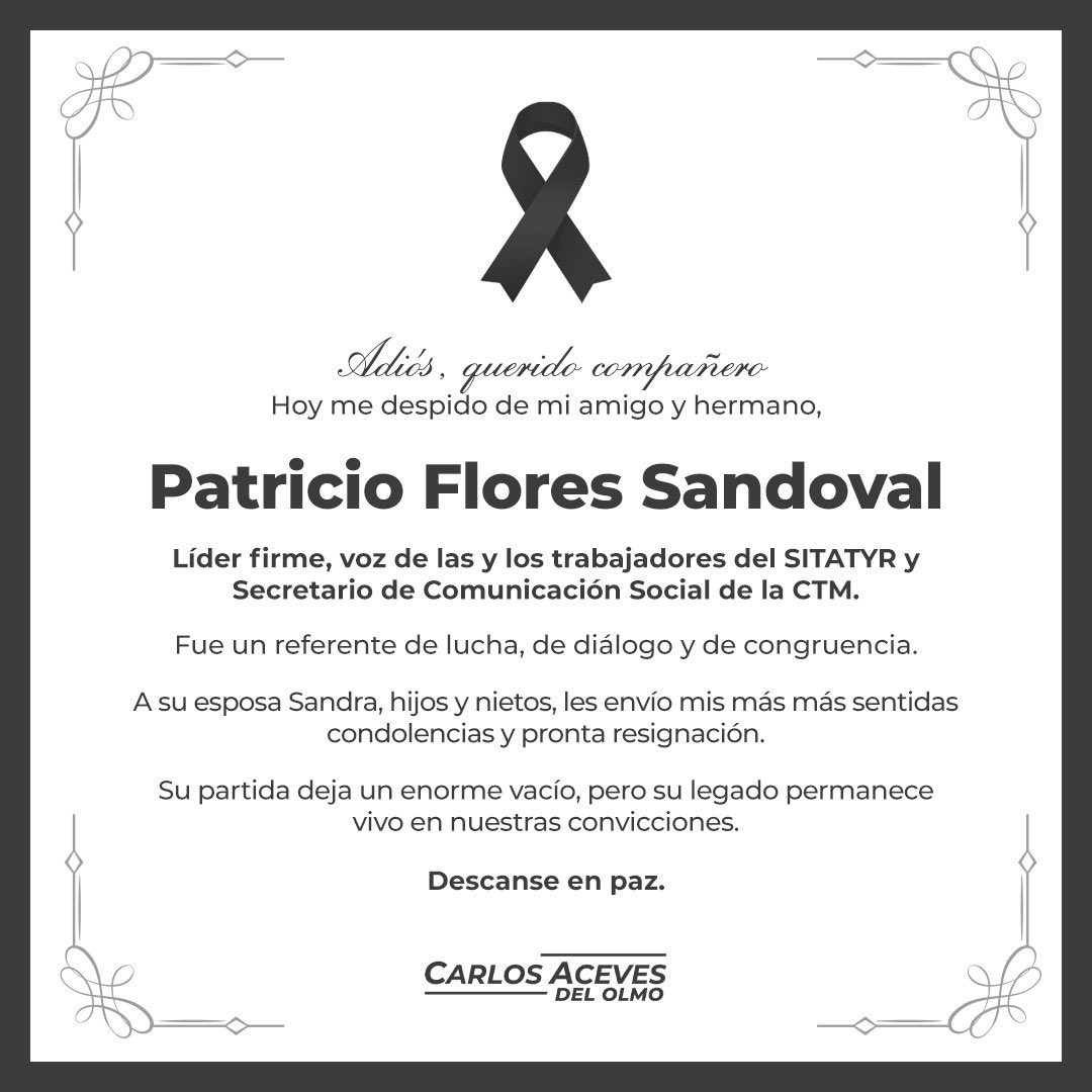 Lamento profundamente informar el adiós de mi entrañable amigo, el Profesor Patricio Flores Sandoval.
Un líder valiente, íntegro y siempre dispuesto a darlo todo por su gremio.
Su lucha se queda con nosotros. Y en cada paso del movimiento obrero, lo llevaremos presente.

Descanse