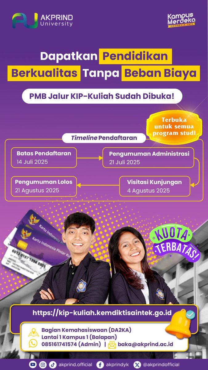 PMB Jalur KIP-K Akprind University sudah dibuka! ⏰🗓️

#ProdiUnggul #UKTTerjangkau #KuliahMurahdiJogja #UKTStabil #akprinduniversity #terusbertransformasi