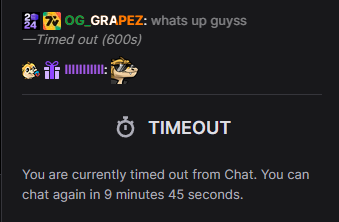 OG_GRAPEZ's tweet photo. @heelkd is timing out people randomly tonight for some odd reason, maybe he should Restart his chat if its a bug. https://t.co/zWx5dEJMvL