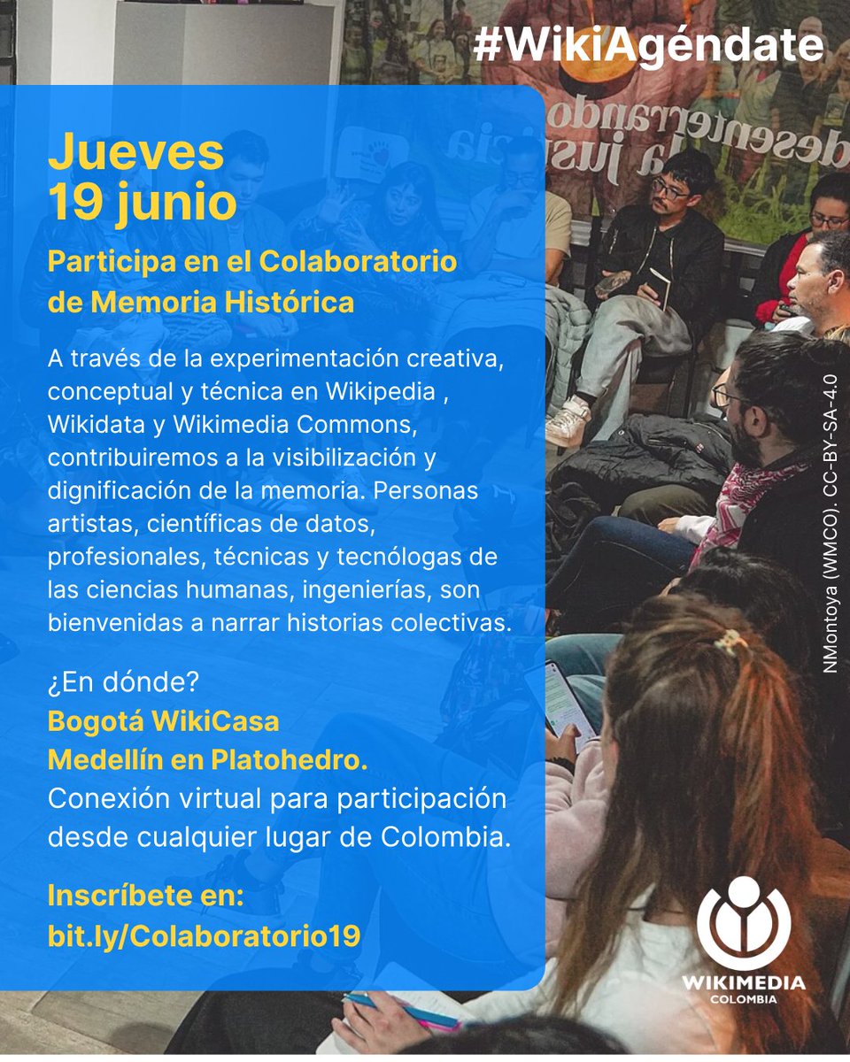 Participa en el Colaboratorio de Memoria Histórica. 
A través de la experimentación creativa, conceptual y técnica en Wikipedia, Wikidata y Wikimedia Commons, contribuiremos a la visibilización y dignificación de la memoria. Inscríbete bit.ly/Colaboratorio19