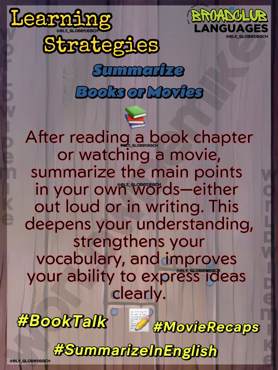 ELT_GlobeTeach's tweet photo. After you read a chapter or finish a movie, put it in your own words. 📚🎬 This powerful habit expands your vocabulary & strengthens your clear expression skills! Ready to recap? 📝 #BookTalk #MovieRecaps #SummarizeInEnglish https://t.co/jABKCFwdVh