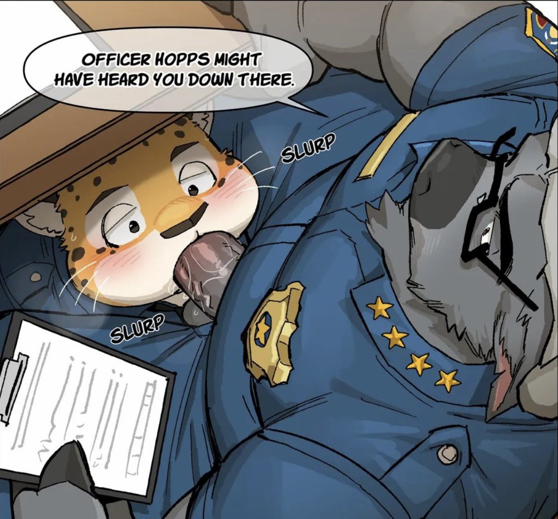 BuffBogo's tweet photo. * Chief Bogo presses Clawhauser snout  balls deep and grunts as he shifts his towering bulky body at the knock on the door* 

“Someone’s coming, try not to make a sound down there..”

*Chief Bogo grunts loudly as he looks to the door*

“Hrmph, come in!” https://t.co/jHPINsOjJE