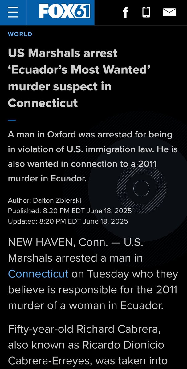 KristiTalmadge's tweet photo. Oxford, Connecticut, had an illegal immigrant murderer from Ecuador with an INTERPOL alert living amongst them.
Richard Cabrera, aka Ricardo Dionicio Cabrera-Erreyes, was taken into custody by the U.S. Marshals District of Connecticut Violent Fugitive Task Force.
#TRUSTAct https://t.co/9nKOmzvRcC