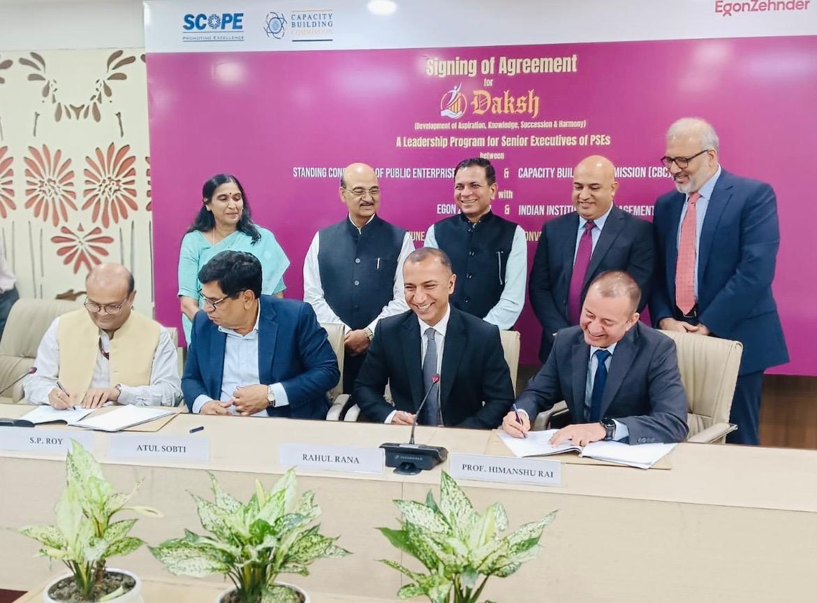 askhimanshurai's tweet photo. We at IIM Indore, in partnership with Egon Zehnder, signed a contract with the Capacity Building Commission and the Standing Conference of Public Enterprises (SCOPE) to deliver a pioneering leadership programme for senior executives of Public Sector Enterprises (PSEs). This programme, titled #DAKSH: Development of Aspiration, Knowledge, Succession and Harmony,  marks a significant step toward nurturing the next generation of public sector leaders.

As an Academic Partner, IIM Indore will design, develop, and deliver a rigorous, future-oriented learning experience that builds strategic thinking, digital fluency, and people-centric leadership. With DAKSH being institutionalized and housed at IIM Indore, we are proud to contribute to shaping leaders who will drive meaningful, long-term change, and create lasting impact across India’s public sector ecosystem.

#IIMIndore #IIMI #NationBuilding #PSEs #India #Leadership @IIM_I @EgonZehnder @PSUSCOPE @CBCGoI @EduMinOfIndia @PMOIndia @EFMDNews @AACSB @Assoc_of_MBAs