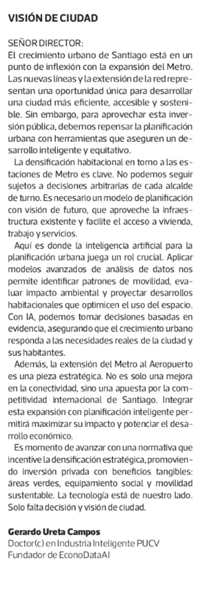 GerardoUreta's tweet image. Comparto carta al director en diario @latercera &quot;Visión de Ciudad&quot; (19/06/25). La IA y @metrodesantiago pueden transformar Santiago. Propongo normativa que incentive densificación estratégica, equidad urbana y eficiencia económica latercera.com/cartas-al-dire…
#Chile #SantiagodeChile