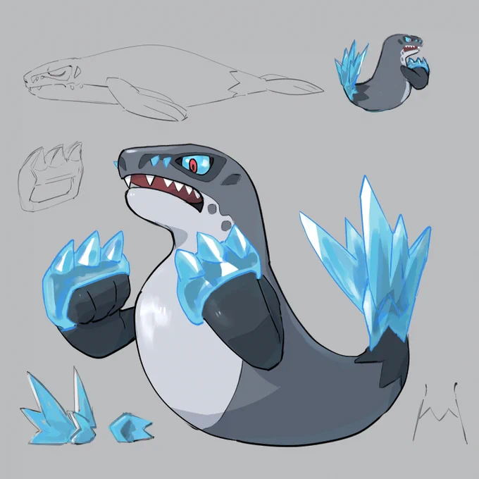 designs for Flippard and Grappard from Pokemon Flux. i can't remember where the knuckles came from anymore, i THINK it's because it started off as Ice/Fighting but we changed it to pure Ice later on. ofc flippard is based on ponsuke the seal (RIP)