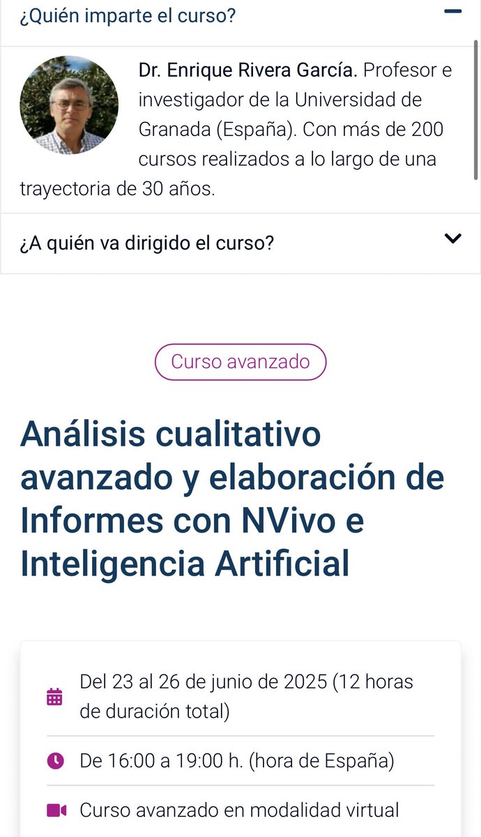JohanMatiasR's tweet photo. 🎓 📌 Curso: Análisis cualitativo avanzado y elaboración de Informes con NVivo e Inteligencia Artificial.
 📅 Del 23 al 26 de junio de 2025 | 🕓 De 16:00 a 19:00 (hora España) | 💻 Modalidad virtual.
🔗 Más información : https://t.co/E3UF06Q3R5 https://t.co/m305YqlaUF