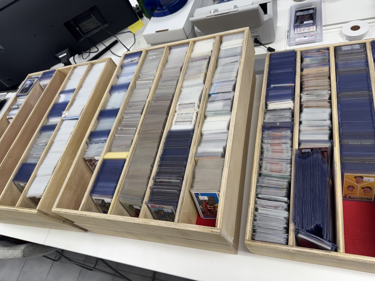 Who likes treasure hunting?  Just got some boxes from the storage unit to sort and price for when the shop opens. 

Custom 5 rows with felt on the bottom so the cards don’t fall over!
