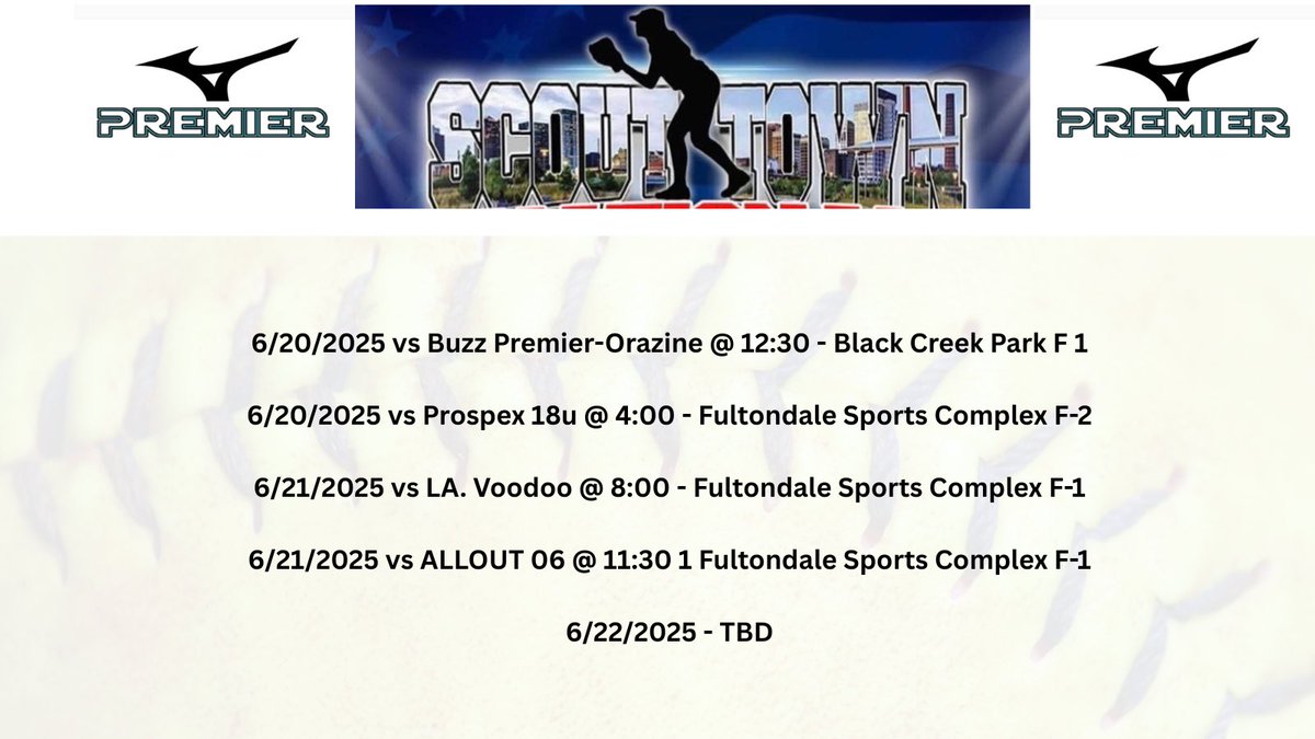 Another great weekend loading up….  Mizuno Premier takes the field in Scout Town.  We will be at Black Creek Park in Fultondale for the first game Friday at 12:30!  

Ready to hit the field!