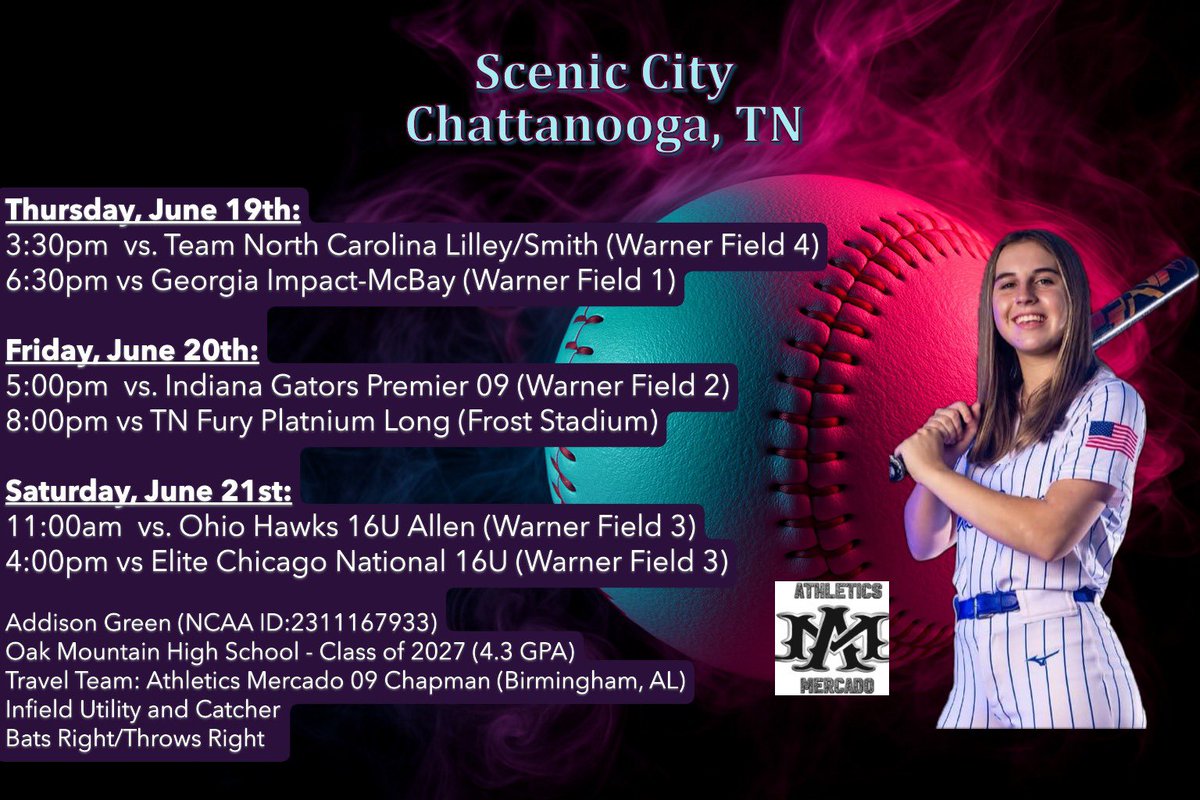 agsoftball98's tweet image. Here is my schedule for @ConnectSports_ Scenic City in Chattanooga, TN!
Good luck to all the great players in this tournament!