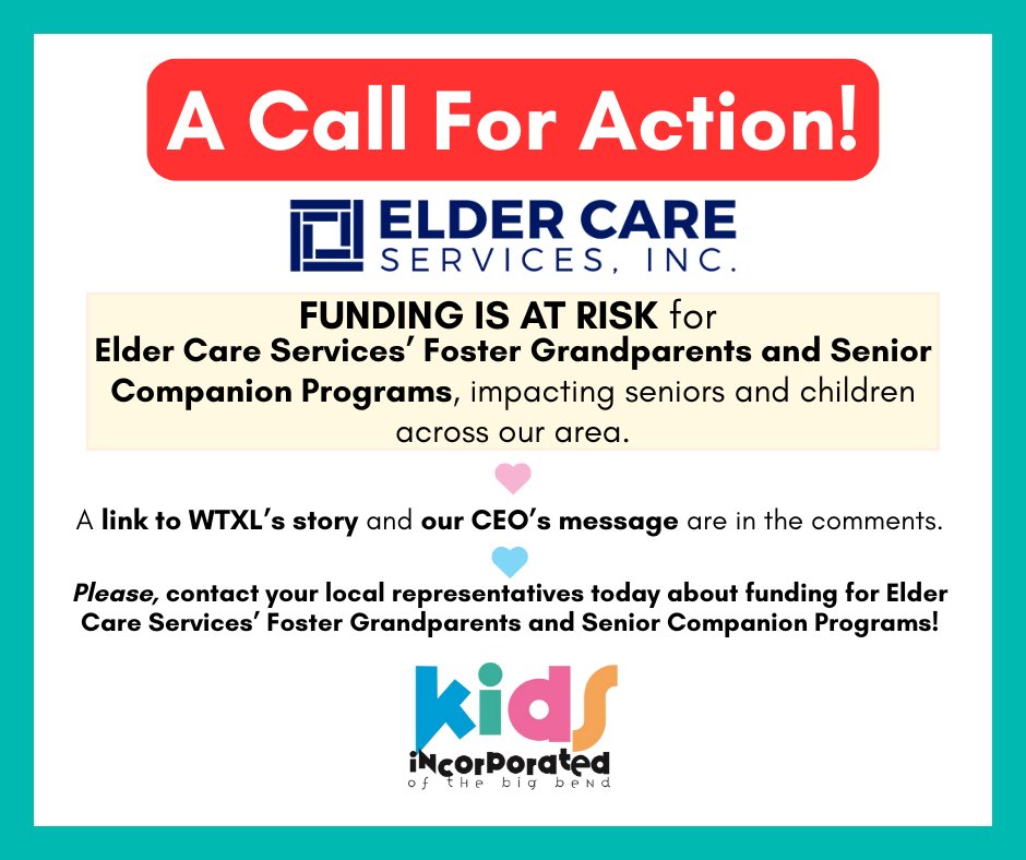 KidsIncBB's tweet photo. Please, watch the WTXL story on at risk funding  for Elder Care Services, Inc. programs impacting seniors and children. Thank you Josie Fliger and your amazing team at Elder Care Services -  and our own CEO LaFonda Heidel -  for being such passionate champions of those in need! https://t.co/c6yy12R2m8