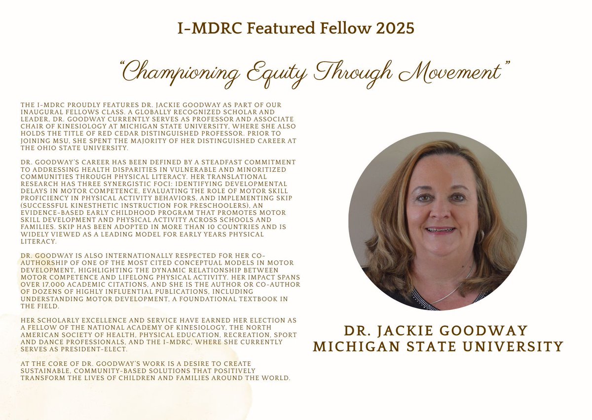 I-MDRC (@imdrc_motordev) on Twitter photo ✨ I-MDRC Featured Fellow 2025 <a href="/JackieGoodway/">Jackie Goodway</a> ✨
The I-MDRC proudly features Dr. Jackie Goodway as part of our Inaugural Fellows Class.
More information about her work at i-mdrc.com/jackie-goodway
#motordevelopment #IMDRC #Fellows #research ✨ I-MDRC Featured Fellow 2025 <a href="/JackieGoodway/">Jackie Goodway</a> ✨
The I-MDRC proudly features Dr. Jackie Goodway as part of our Inaugural Fellows Class.
More information about her work at i-mdrc.com/jackie-goodway
#motordevelopment #IMDRC #Fellows #research