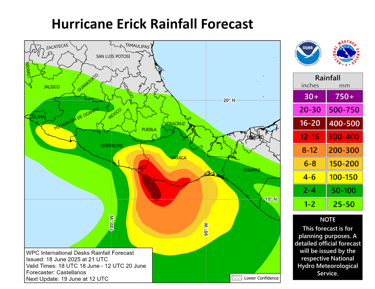 June 18: Major Hurricane #Erick is headed for the coast of Mexico. Erick is expected to bring destructive winds,  life-threatening flooding and mudslides to portions of Southern Mexico. For the latest information visit hurricanes.gov