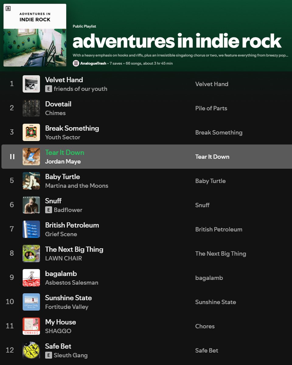 .@analoguetrash adds new Jordan Maye single "Tear it Down" (produced by Eric Breiner of Peach Music), to their Adventures in Indie Rock playlist. Listen here:

open.spotify.com/playlist/2rpFV…

youtube.com/playlist?list=…

deezer.com/en/playlist/13…

soundcloud.com/analoguetrash/…