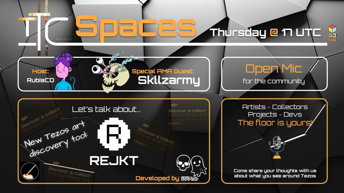 Artists, art lovers, collectors and Reggie's fans 📢 Don't miss our space TODAY at 17 UTC! 👉🏼x.com/i/spaces/1nAKE…

🎙️TTC x <a href="/REJKTxyz/">REJKT</a>: AMA with <a href="/skllzarmy/">skllzrmy</a> from <a href="/fafo_lab/">FAFO lab</a> - let's find more about this new hot art discovery tool on #Tezos 

Try it at rejkt.xyz, say