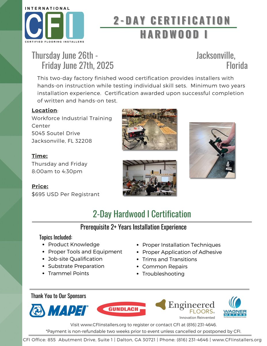 ⏰ Time is running out to secure your spot for the LVP/Laminate Certification 06/24-06/25 and the Hardwood Certification 06/26-06/27 in Jacksonville, FL! 🌴

Register Today! ➡️CFIinstallers.org/events

#CFI #NeverStopLearning #WeAreCFI