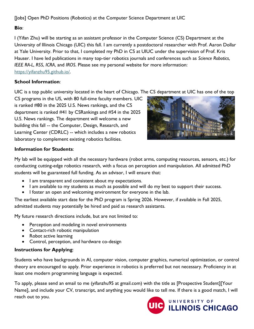 I am hiring PhD students for Spring/Fall 26! Please share this with those who are interested in doing a PhD in the field of robotics. Thanks!
