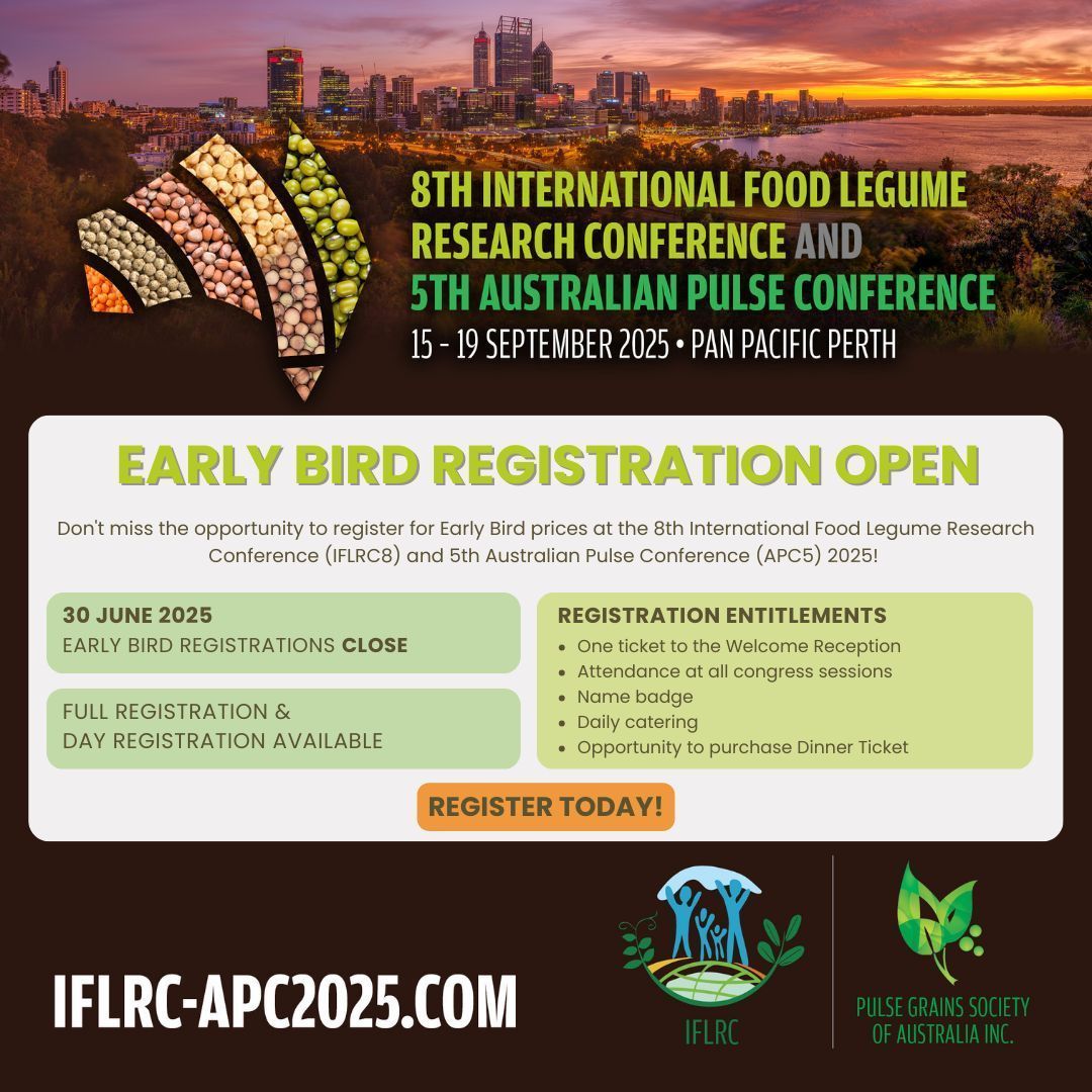 ⏳ Early bird rego closes 30 June for the combined IFLRC8 &amp; APC5 in Perth, 15–19 Sept 2025!

Join global experts in legume R&amp;D for a 4-day program covering everything from pre-breeding to pulses on the plate 🌱🥘

🎟️ Register now: buff.ly/KDZFV1z