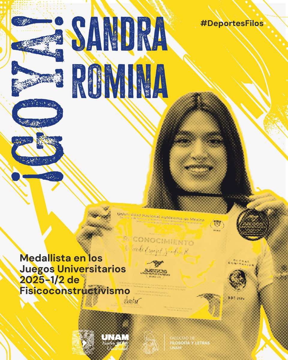 📣 #UnGoyaPara Sandra Romina Velarde Espejel, estudiante del Colegio de Letras Clásicas, por obtener el segundo lugar en la modalidad Wellness +160 cm B en los Juegos Universitarios 2025-1/2 de Fisicoconstructivismo.

#ComunidadFilos #DeportesFilos