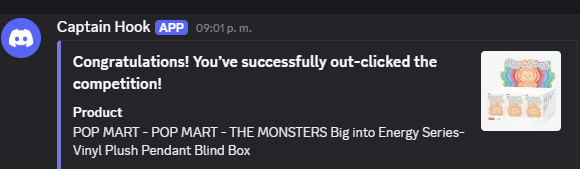 nsb_bot's tweet photo. Hell yeah @brucemexa! another one 🙌 Snagged the POP MART – THE MONSTERS Big into Energy vinyl plush pendant blind box with ease. NSB3 sliced through the queue, so you could chill and flex. Ready for the next drop? 🚀 #IFYKYK https://t.co/AArnZE9rHM
