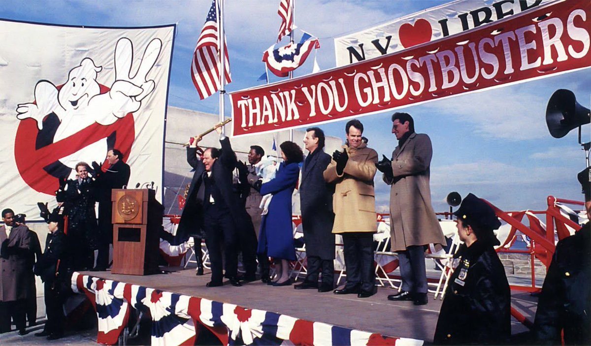 Filming of the Liberty Island finale for Ghostbusters II (1989).

While only part of this scene appears during the end credits, much more was filmed, including banter between the Ghostbusters, Louis and Janine continuing their romance, and, according to storyboards and in what