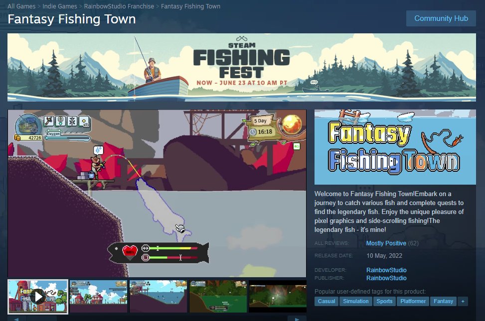 Rainbow Studio is back after a long time!

[Fantasy Fishing Town] was introduced in the official video of the Steam Fishing Fest.

The new game information we are developing will also be updated soon.😁

#steam #fishing #fantasyfishingtown #SteamFishingFest #indiegame #indiedev